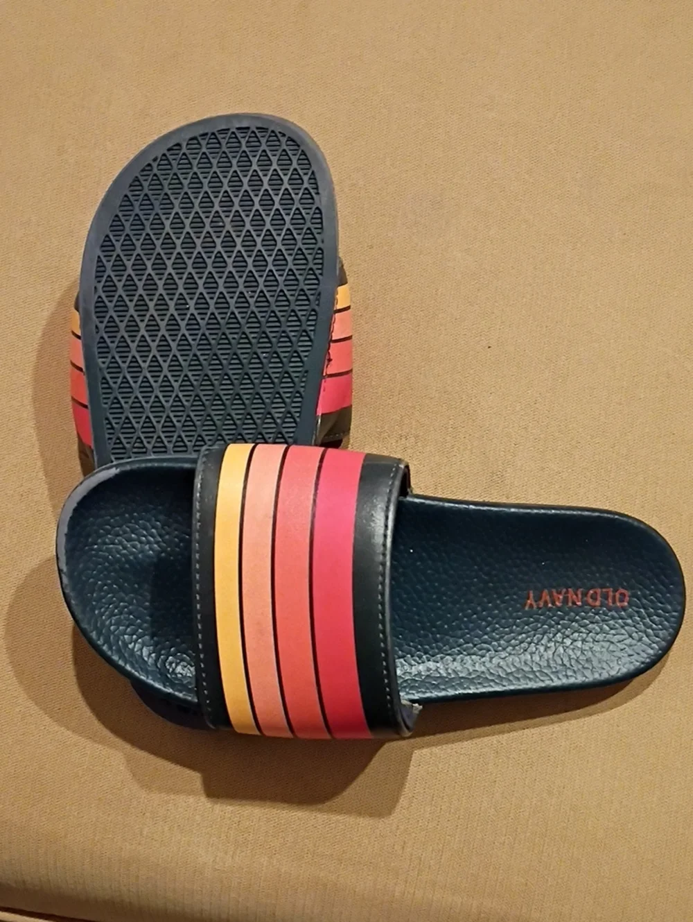 Old Navy-faux Black Slides with Red and Orange Stripes
